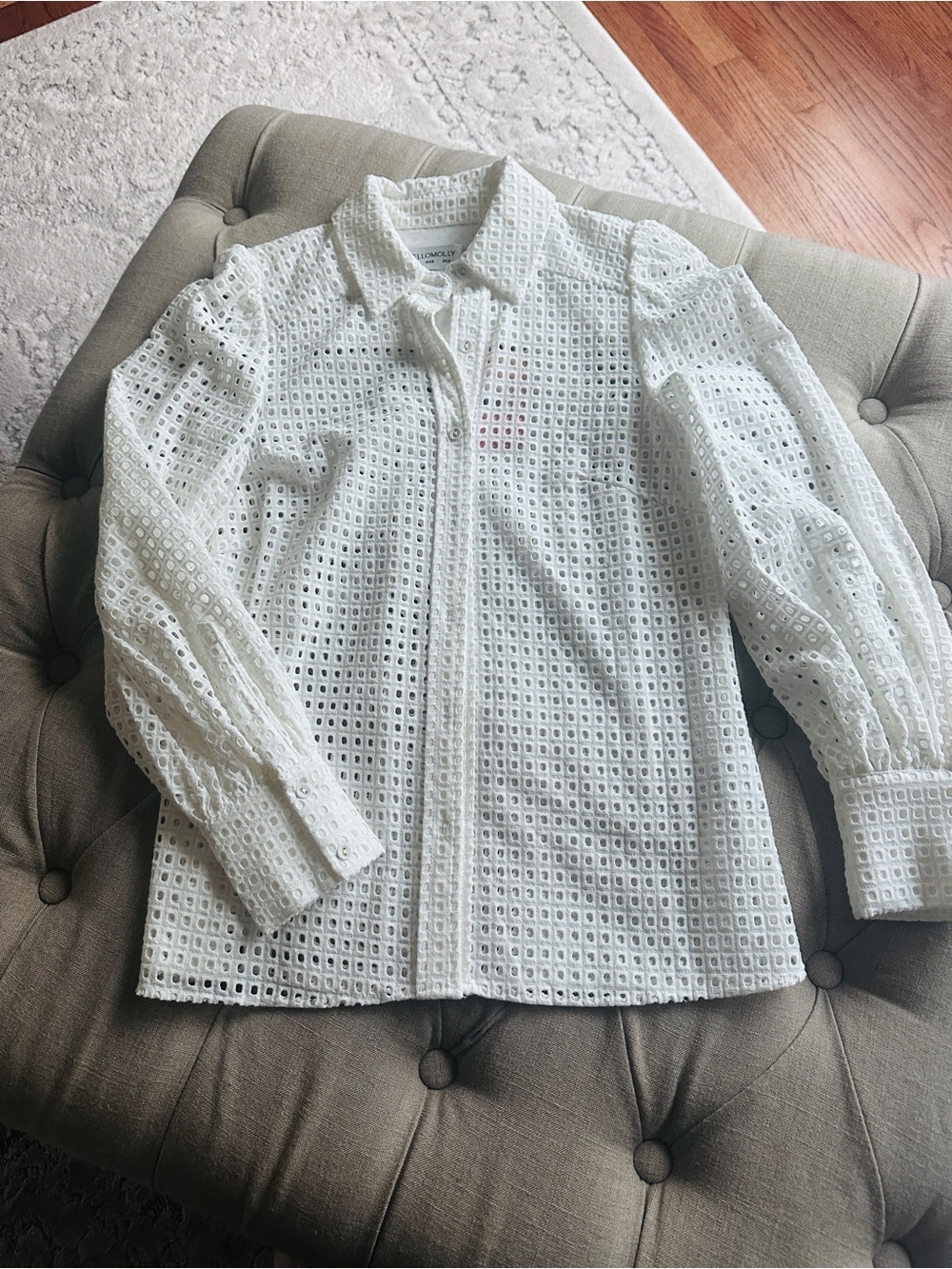 Hello Molly White Eyelet Button Shirt with Pink Tag